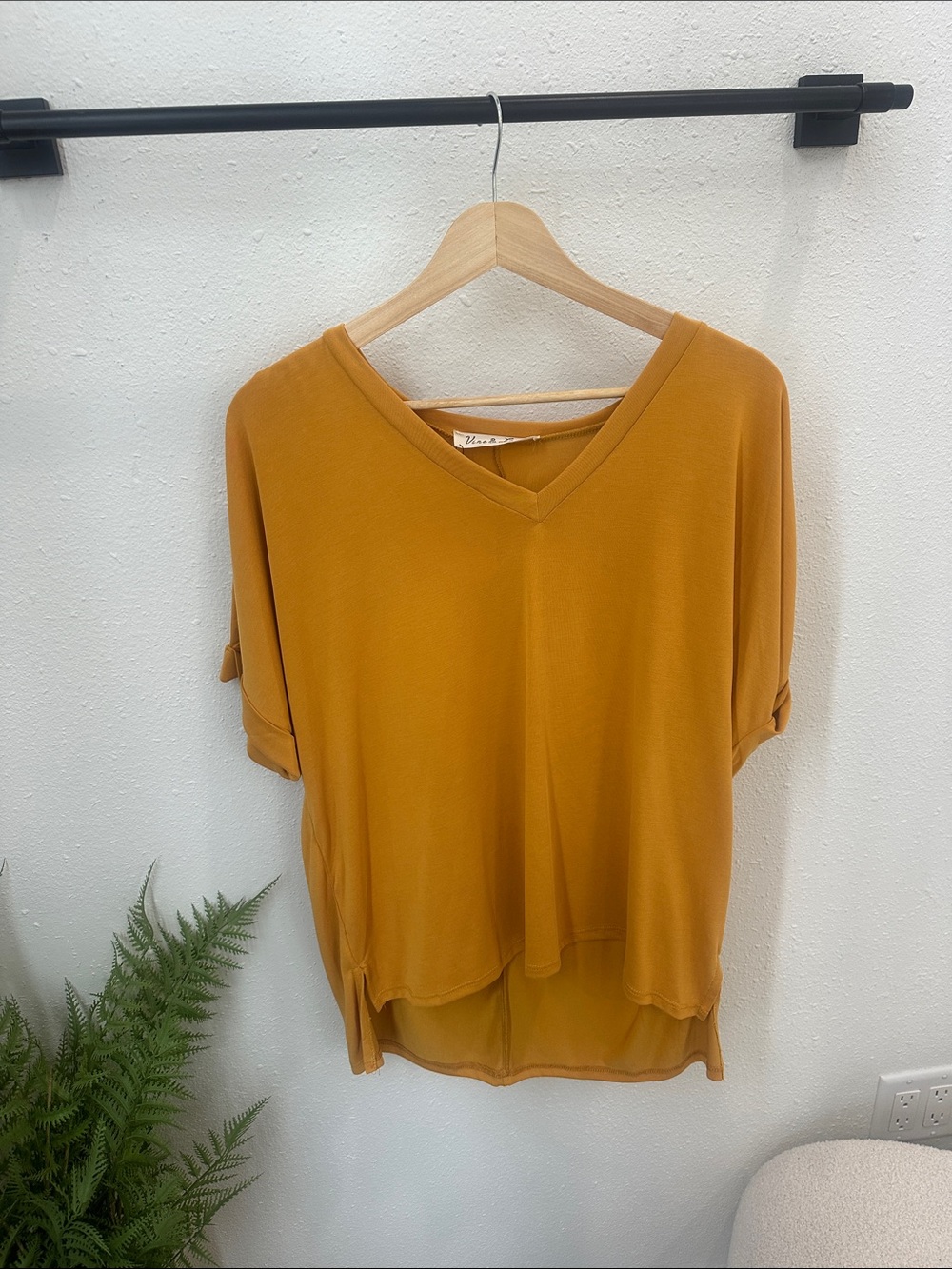 Vine & Love Relaxed V-Neck Short Sleeve Top - Mustard Gold